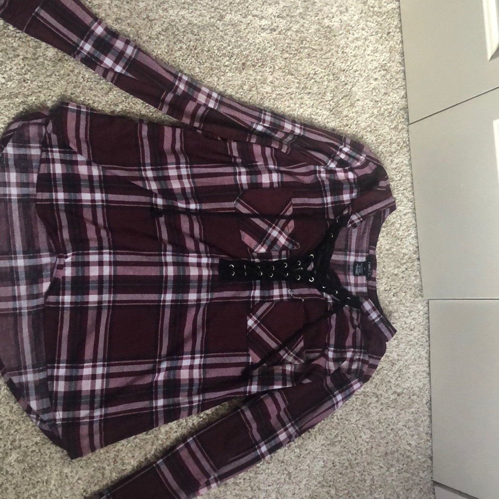 Maroon flannel with adjustable neck line